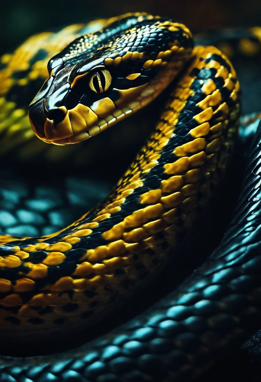 A snake, looks like number 75,glowing light eyes, Biomechanical, nightmarish, Very bright colors, Light particles, with light glowing, Mshiff, wallpaper art, UHD wallpaper