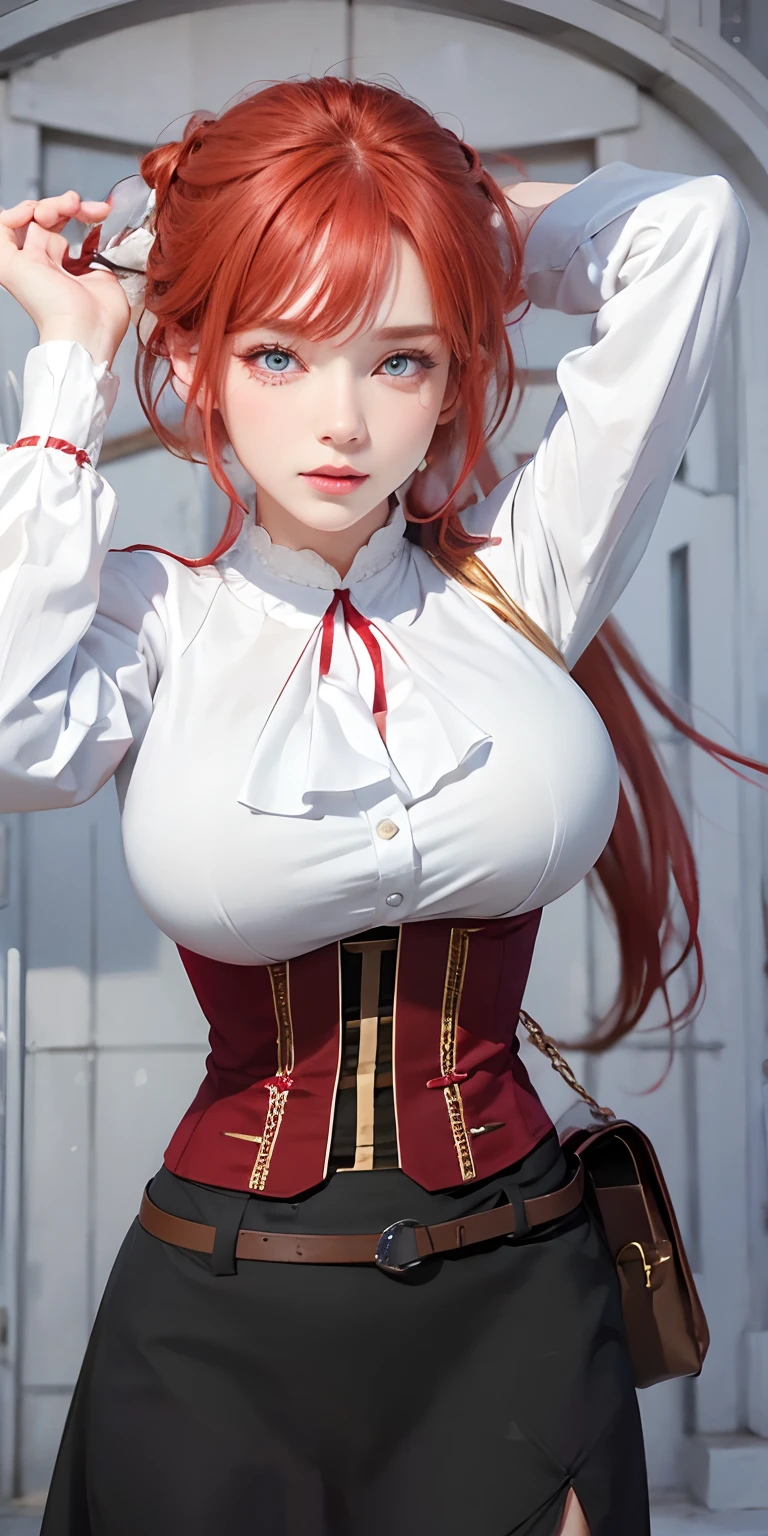 anime girl with red hair and big boobies posing in a street, with a large breasts, seductive anime girl, oppai, big breasts!, cleavage, with large breasts, big breasts!!, biomechanical oppai, oppai proportions, breasts covered and sfw, rias gremory, sfw huge breasts, (sfw) safe for work, thicc, huge breasts, realistic,