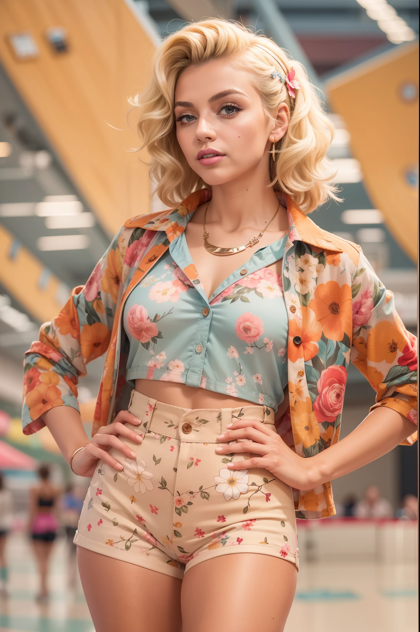 (((Masterpiece))), a top influencer woman, top quality, super detailed, cute and spunky, retro 60's style, fair skin, short curly blonde hair with flower clips, pastel red button up crop top transparent floral print sleeves, tan high waist button up shorts, skating rink background,