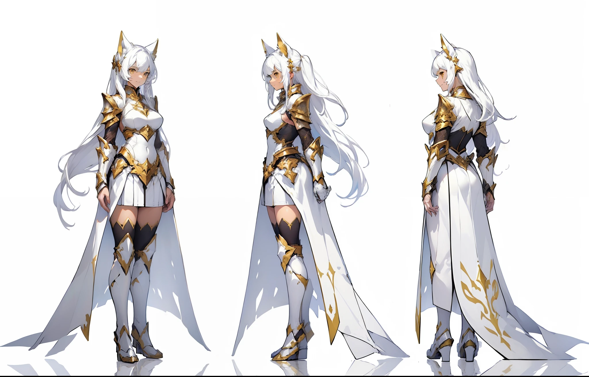 reference sheet, matching outfit, (front angles, side angles, rear angles), (white hair, long straight hair, front fringe, yellow eyes, cat ears), smile, relaxed face, white bikini armor, intricate design, 6 and half head full body size, medium breast, paladin ((full body concept, head to toe)), ((same character)), exposed thigh, ((long straight hair)), ((white background:1.8)), white and gold armor, white armor boots, white and gold cloth, (((same character, front, side, back))), (white background:1.8, empty background: 1.5), (white cat ears), ((same character: 1.8)), (consistent character:1.5), ((white and gold armor)), exposed stomach, belly button, ((same characters all 3)),