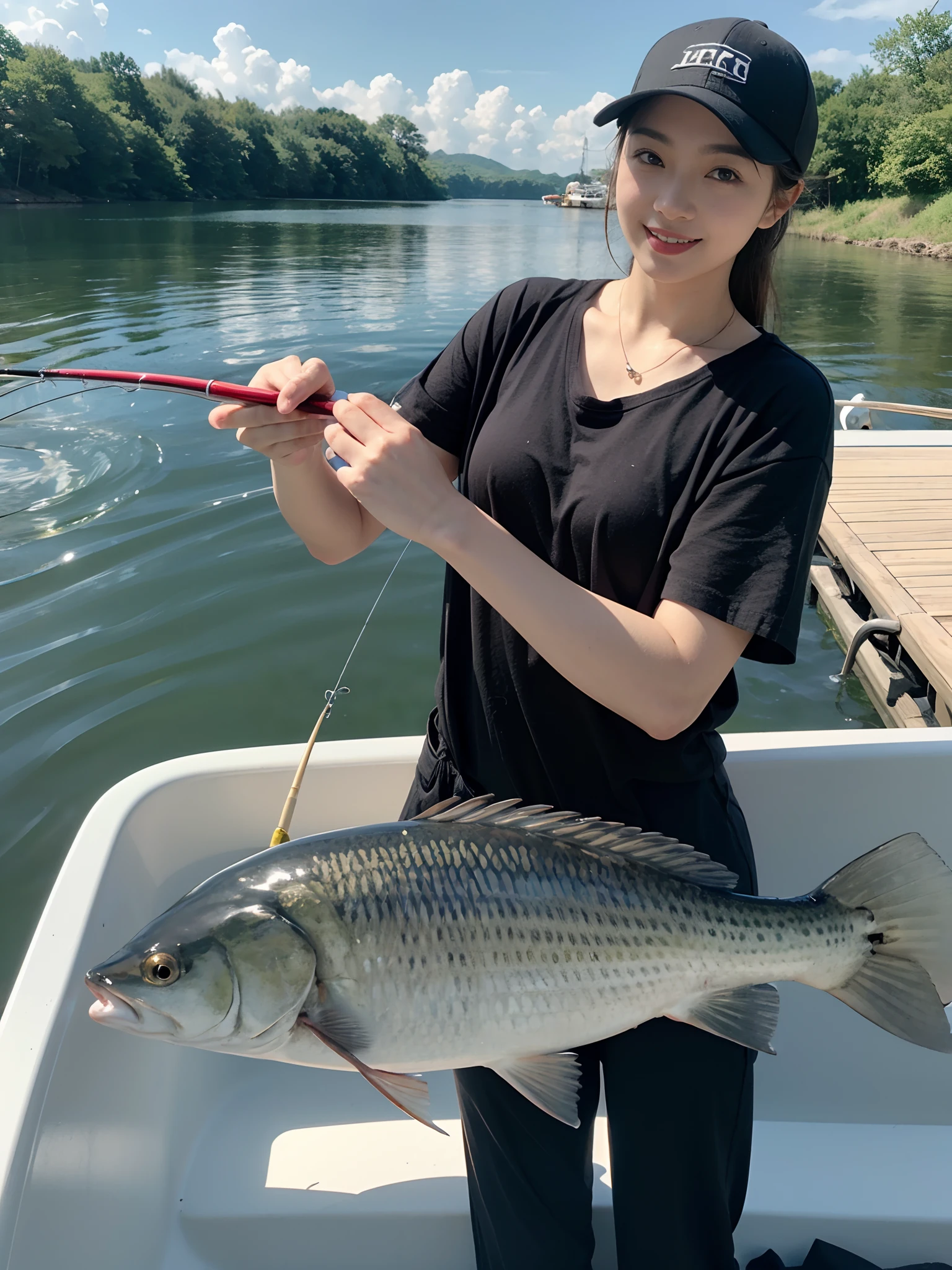 A beautiful woman on the sea is screaming in surprise after catching a big fish.。maikurobikini、huge tit、beauty legs、luxurious hat with a large brim、He has a nice fishing rod