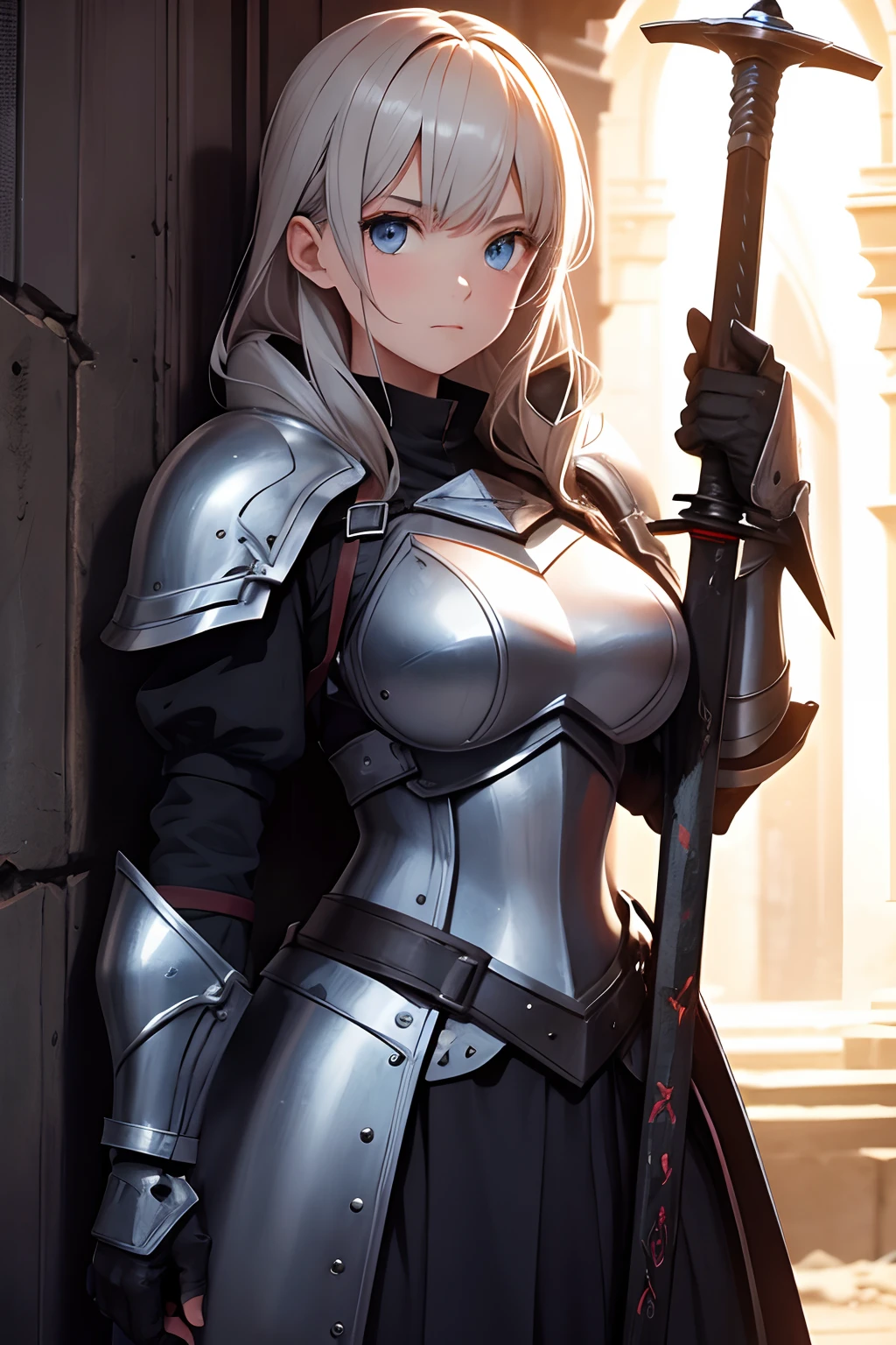 The girl has a piece of armor by her side, Holding a giant sword, This is a strong shield to protect the girl