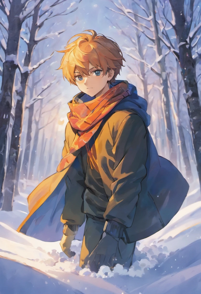 The handsome young man buried his face in a scarf,Stand on the snow,Rub your hands together,style of anime ,Full body like,standing on the sea side
