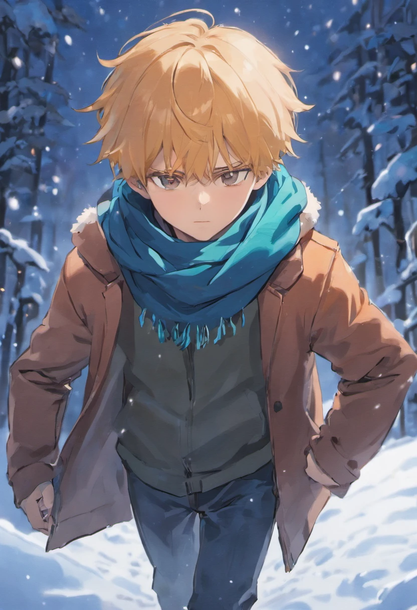 A caucasian boy walking in the snow