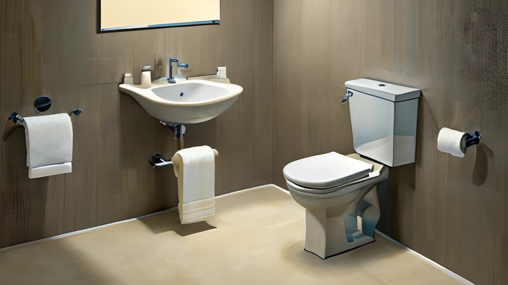 ((Masterpiece, hiquality, absurdress), (Masterpiece, Best Quality, hight resolution, Ultra-detailed), intricate detials, Modern Stylish Toilet, Hand washing sink, Mirror on the wall, Light walls, Light ceiling, Light floor, Large carpet on the floor, Without people, NOhumans, toilet paper, Towel
