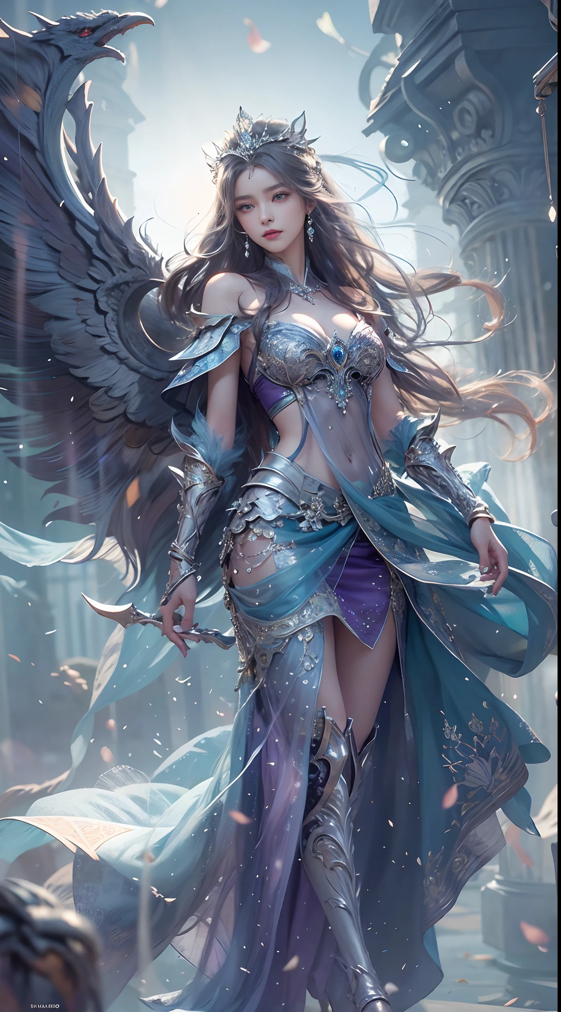 Woman in purple dress,view the viewer,Purple wings，Slim waist,(navel baring,Bare waist), Long hair, Ultra-detailed details,High-end Zhenyi station, Rainstorm site, detailed fantasy art, Stunning character art, Beautiful and exquisite character art, Beautiful purple and silver armor, Extremely detailed, Girl in shiny armor, Exquisite tiaras and jewelry,Crystal jewelry filigree, milky ways, Stunning visuals, (dynamic streaks, light tracks:1.2), Vibrant colors,