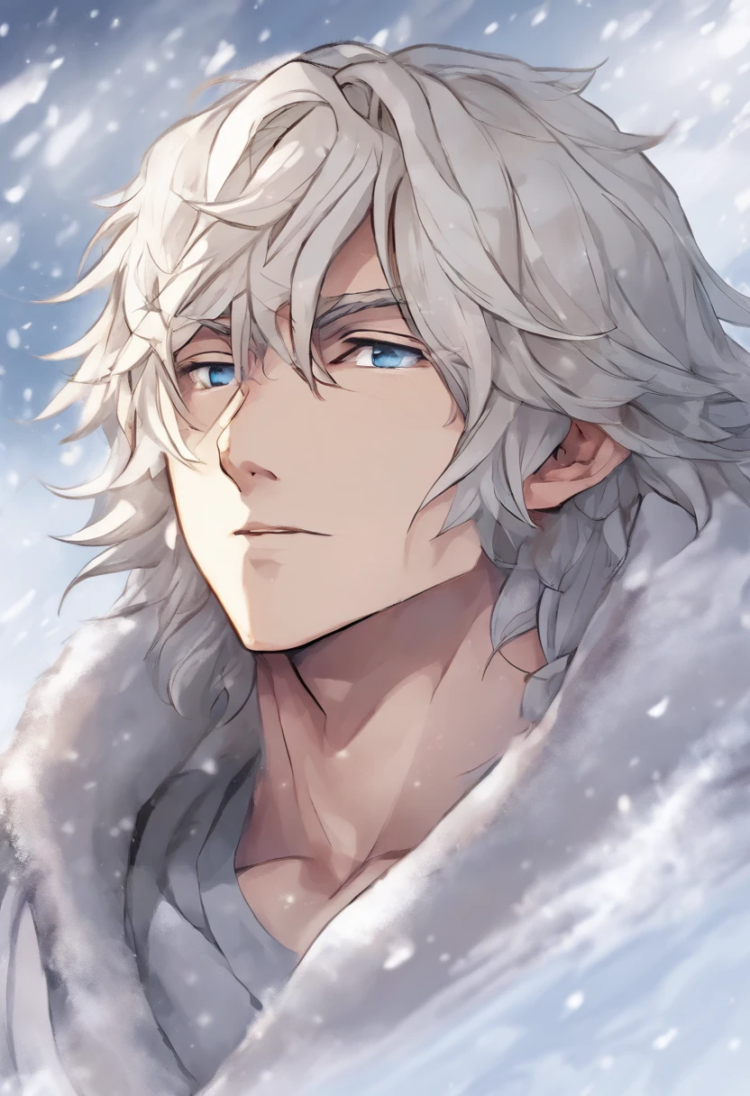 The handsome young man buried his face in a scarf，Stand on the snow，Rub your hands，style of anime ，in a panoramic view，long whitr hair