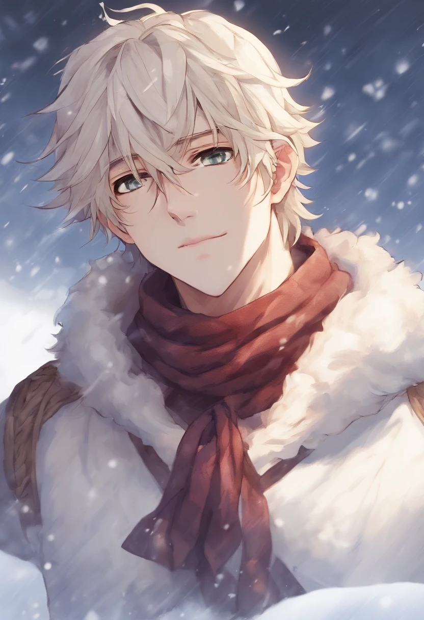 The handsome young man buried his face in a scarf,Stand on the snow,Rub your hands,style of anime ,in a panoramic view,long whitr hair