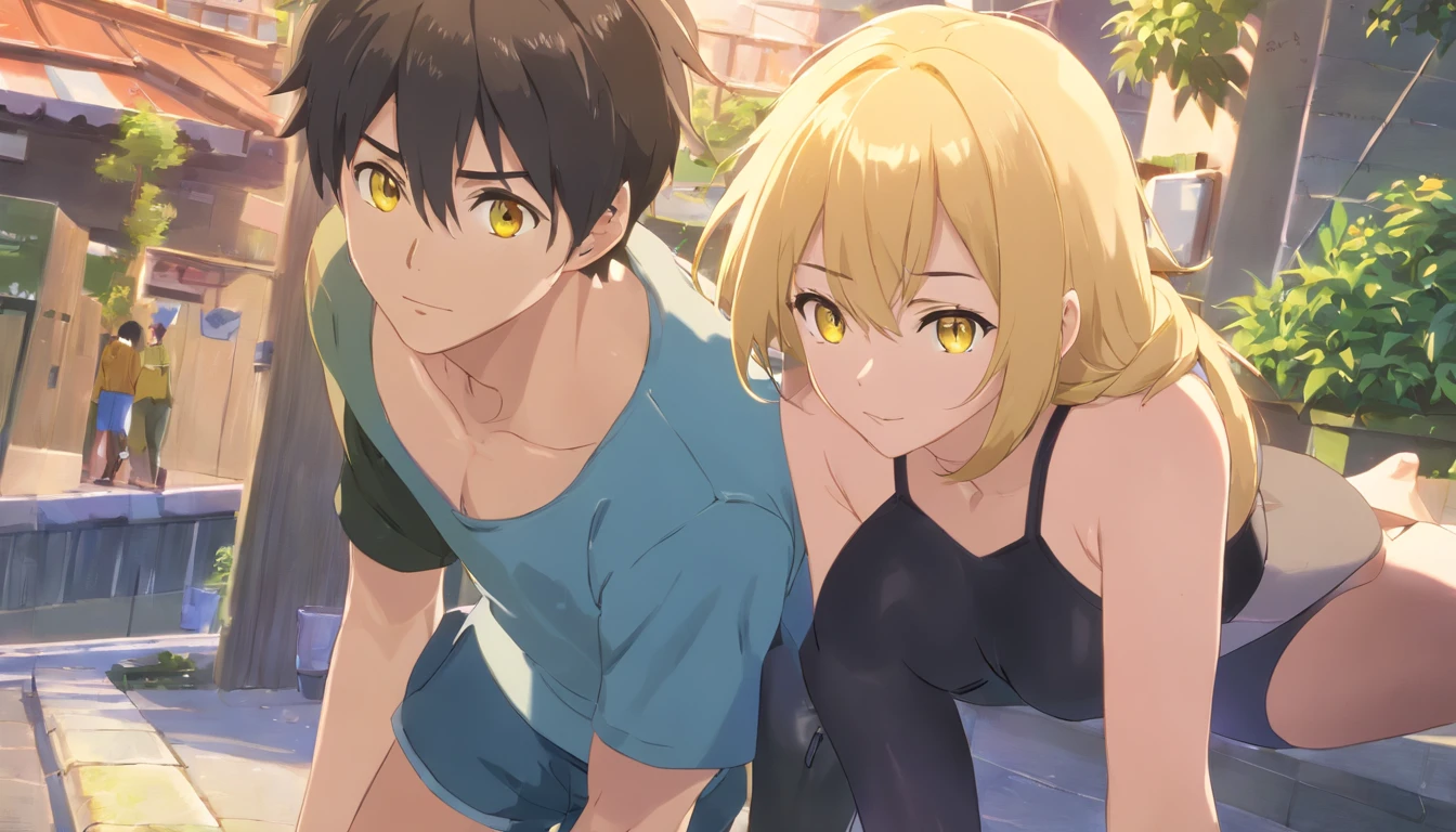 (best quality, highres, realistic:1.37), male, blonde hair, huge ass, black bodysuit, boy, short hair, yellow eyes, skunk