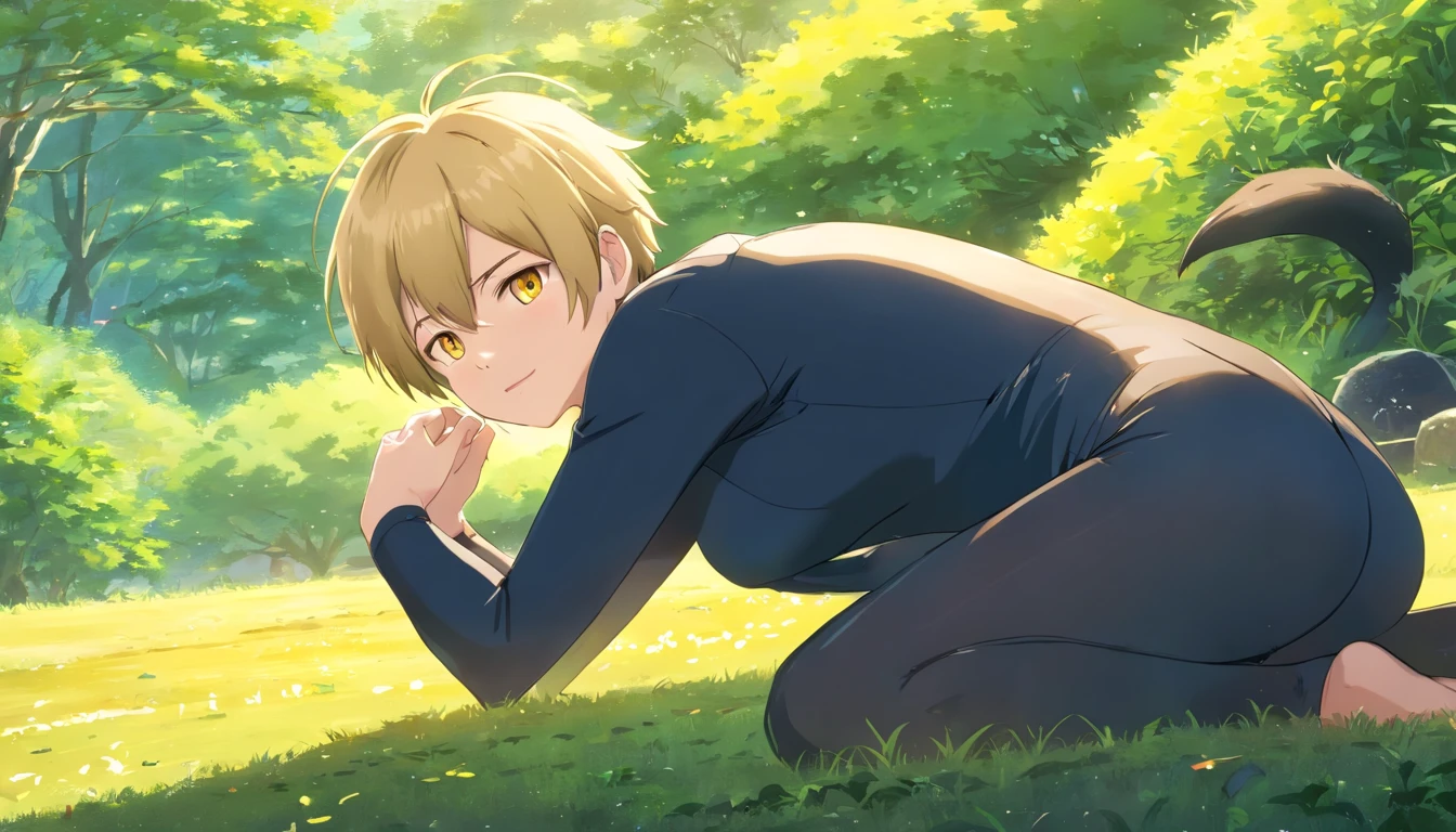 (best quality, highres, realistic:1.37), male, blonde hair, huge ass, black bodysuit, boy, short hair, yellow eyes, skunk