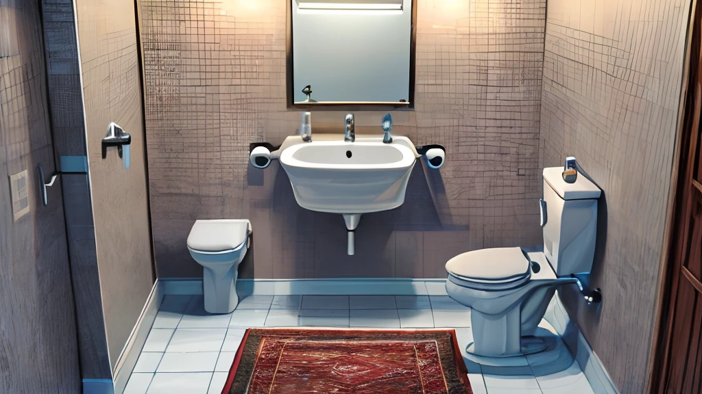 ((Masterpiece, hiquality, absurdress), (Masterpiece, Best Quality, hight resolution, Ultra-detailed), intricate detials, Modern Stylish Toilet, Hand washing sink, Mirror on the wall, Light walls, Light ceiling, Light floor, Large carpet on the floor, Without people, NOhumans,