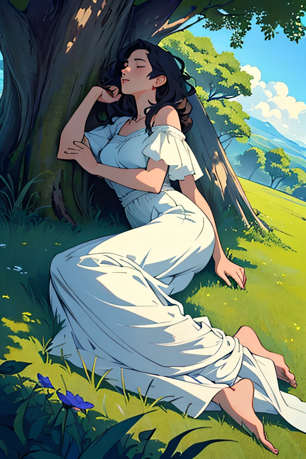 (masterpiece, top quality, best quality, official art, beautiful and aesthetic:1.2), (1girl:1.3), a woman sleeping under a tree, cinematic, movie, anime, full body, modest, lying on the grass, surrounded by clouds, body obscured by mist