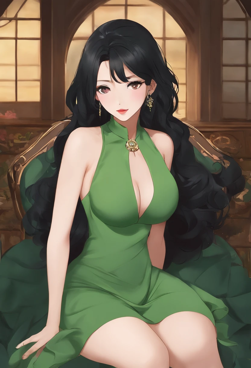 Green Mini Dress Chest Hole One Piece Semi-Long Black Hair Hair Curl Japan Buckshot