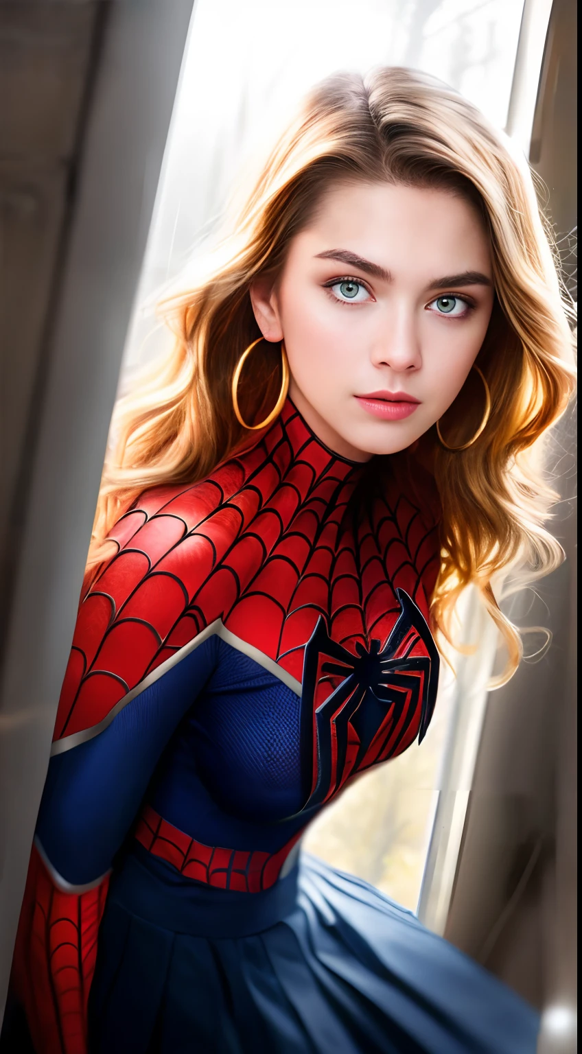 ((Peter Parker in spiderman uniform)), girl body, model body, big blue eyes, small breasts, long legs, medium hoop earrings, spiderman uniform, tiny pleated skirt, low angle shot, skin very white, long hair, wavy hair, blonde hair, school in the forest, classroom, photorealistic, indirect lighting, volumetric light, specular light, ray tracing, hyperdetailed, best quality, ultra-high resolution, HDR, 8k, focus soft mist