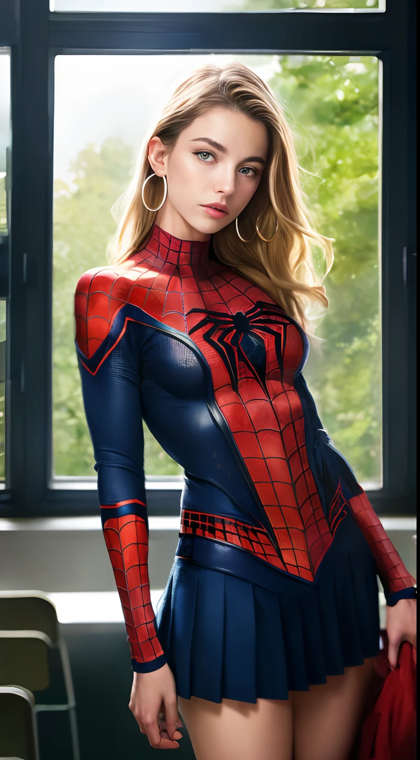 ((Peter Parker in spiderman uniform)), girl body, model body, big blue eyes, small breasts, long legs, medium hoop earrings, spiderman uniform, tiny pleated skirt, low angle shot, skin very white, long hair, wavy hair, blonde hair, school in the forest, classroom, photorealistic, indirect lighting, volumetric light, specular light, ray tracing, hyperdetailed, best quality, ultra-high resolution, HDR, 8k, focus soft mist