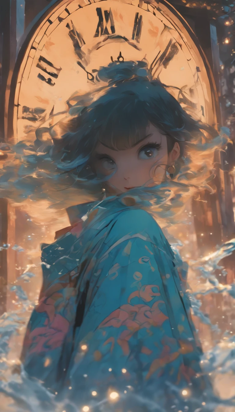 China ink painting,water ink,ink,Smudge,China-style,Cartoon 16-year-old little girl,chunky,short detailed hair,Issuing,中景 the scene is,super-fine,ultra - detailed,high qulity,8K ,Sharp-focused eyes look at the clock,中景 the scene is,Full body like,oc rendered