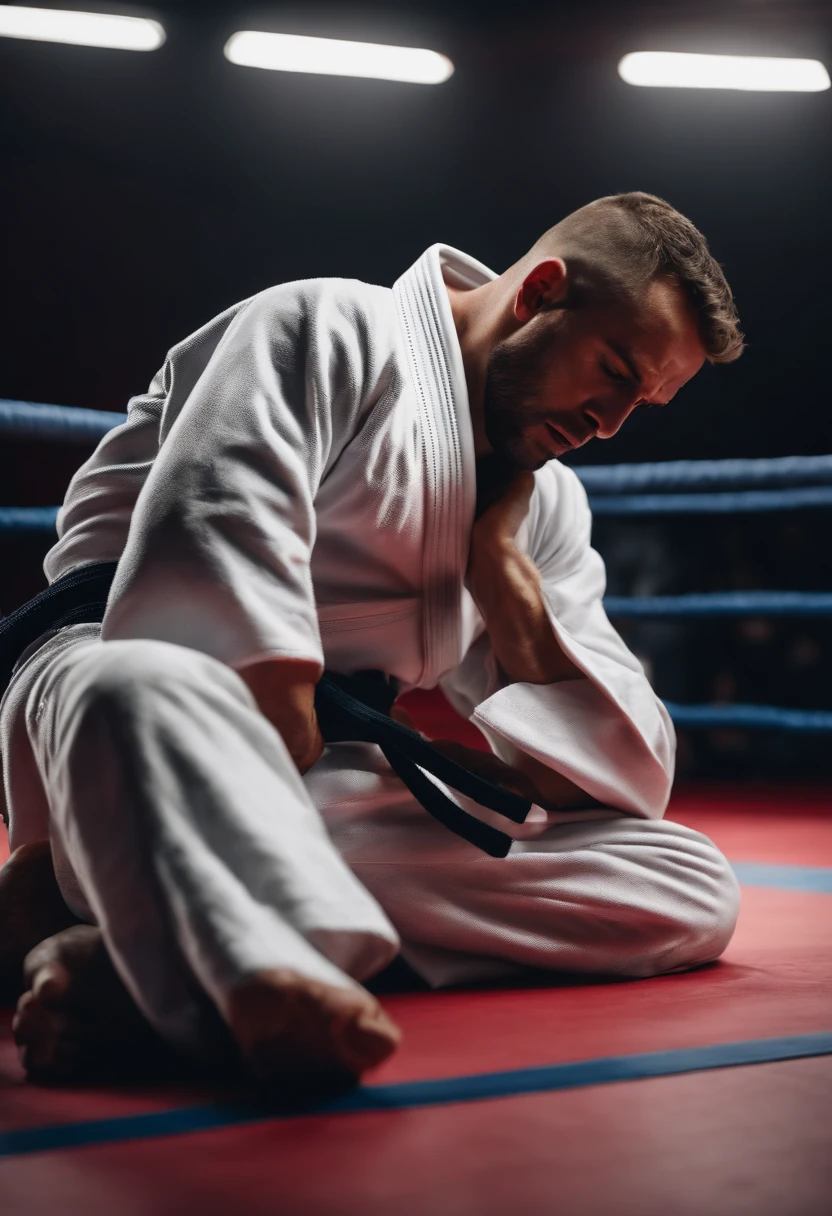 Jiujitsu athlete with hands on head, 1 Homens, Quimono de jiu-jitsu, 8k, hyper realista, detalhado.