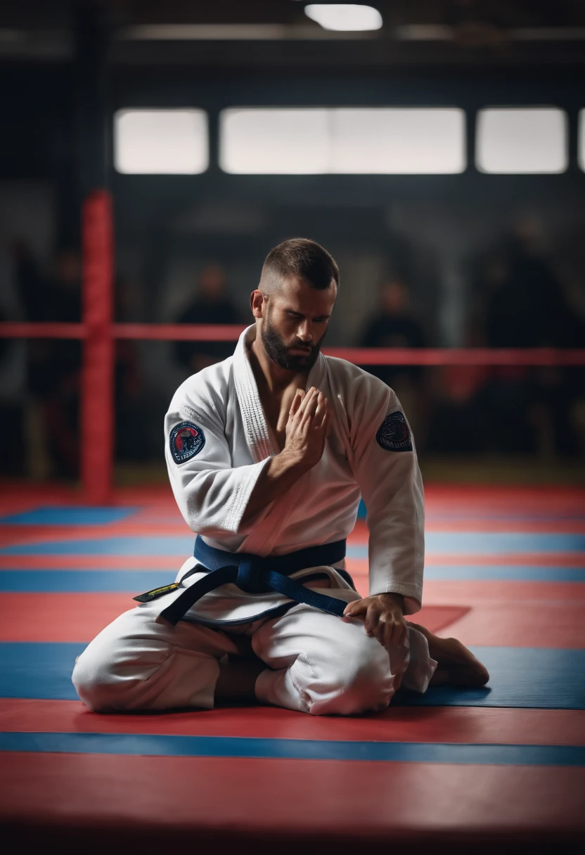 Jiujitsu athlete with hands on head, 1 Homens, Quimono de jiu-jitsu, 8k, hyper realista, detalhado.