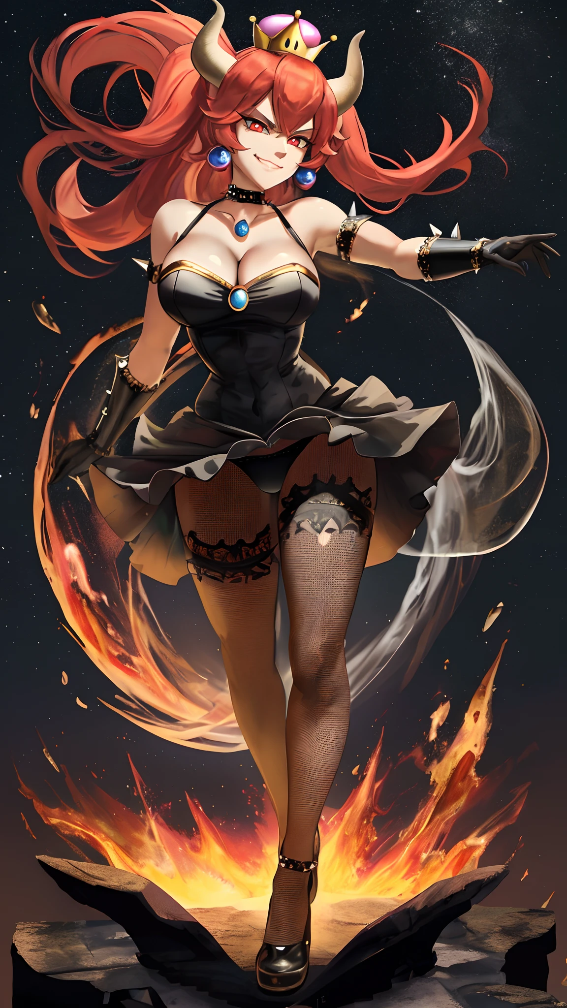 [redbowsette], [Princess_Peach], [Uploaded to rule34.xxx; (suoiresnu), (nekololisama)], ((masterpiece)), ((HD)), ((solo portrait)), ((front view)), ((full body)), ((lower angle view)), ((anime)), ((beautiful render art)), ((detailed shading)), ((intricate detail)), {bowsette; dark skin, cute red eyes, long eyelashes, long red hair, (gorgeous wide hips), (beautiful muscular legs), (thick thighs), (defined arm muscles), (smug smirk), (angry), (sharp white teeth)}, {(short black dress), (spike bracers), (spike choker), (red pendant on chest), (spike red earrings), (black heels), (super crown), (fishnet pantyhose), (black opaque gloves), (upskirt black panties)}, {(standing), (looking at viewer), (dynamic pose)}, [Background; (castle ruins), (Volcano), (dark starry sky), (lava), (smoke)]