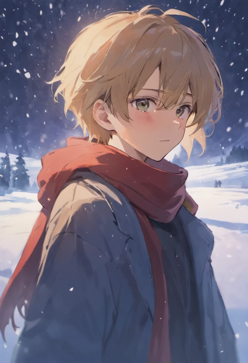 The handsome young man buried his face in a scarf,Stand on the snow,Rub your hands together,style of anime ,Full-length portrait of the vista