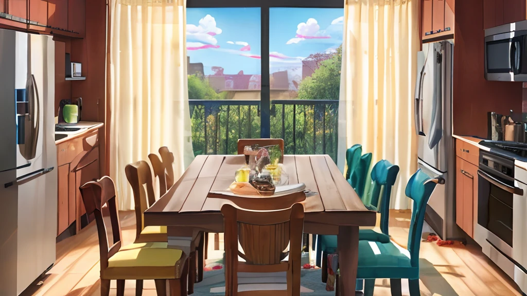 ((Masterpiece, hiquality, absurdress), (Masterpiece, Best Quality, hight resolution, Ultra-detailed), intricate detials, Modern stylish kitchen with large table, Light walls, Light ceiling, Light floor, , There are curtains on the window, There are a lot of candies on the table, Flower on the windowsill, Without people, NOhumans, Chocolate on the table, Chairs by the table, slab, microwave, refrigerator, Kitchen Appliances, kettle, Cup of tea on the table