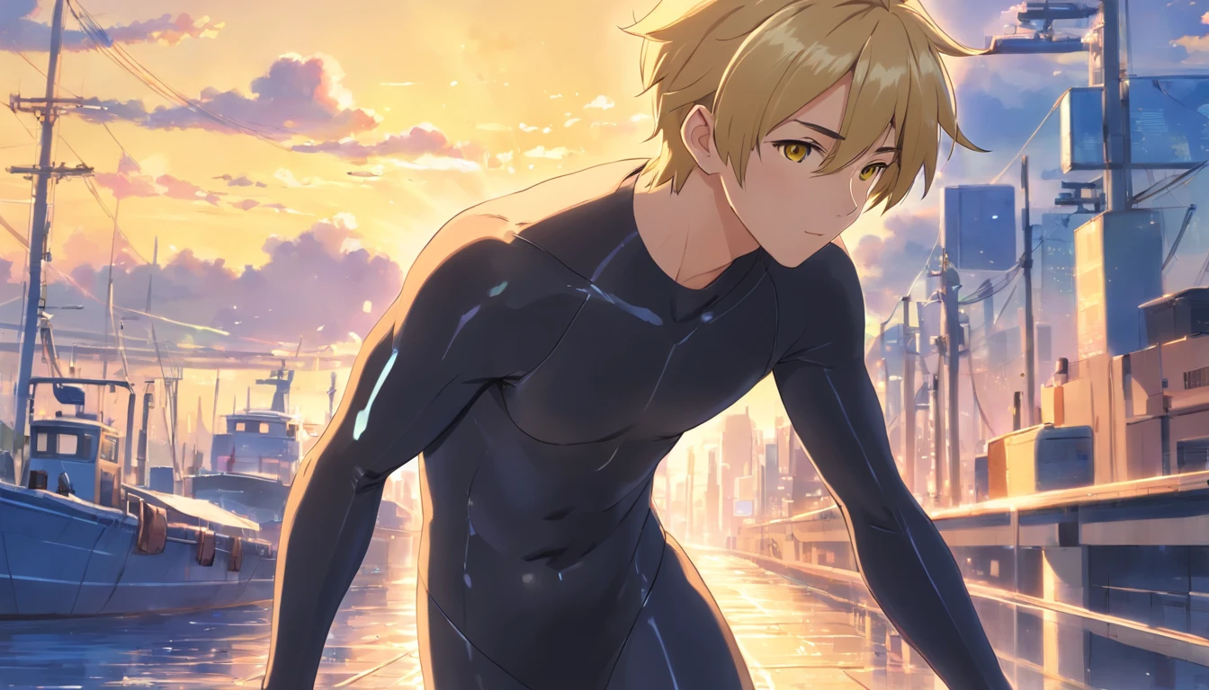 1 male human、a blond、buttock、Black bodysuit、shoun、short-haired、yellow  eyes