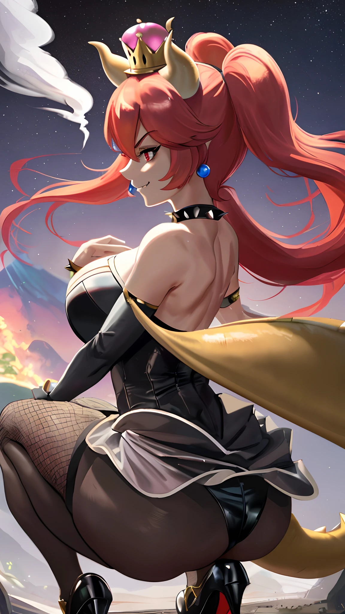 [redbowsette], [Princess_Peach], [Uploaded to rule34.xxx; (suoiresnu), (nekololisama)], ((masterpiece)), ((HD)), ((solo portrait)), ((back view)), ((lower angle view)), ((ass focus)), ((anime)), ((beautiful render art)), ((detailed shading)), ((intricate detail)), {bowsette; dark skin, cute red eyes, long eyelashes, long red hair, (large yellow lizard tail), (gorgeous wide hips), (beautiful muscular legs), (thick thighs), (defined arm muscles), (smug smirk), (angry), (sharp white teeth)}, {(short black dress), (spike bracers), (spike choker), (red pendant on chest), (spike red earrings), (black heels), (super crown), (fishnet pantyhose), (upskirt black panties)}, {(squatting), (arms above head), (looking at viewer), (dynamic pose)}, [Background; (castle ruins), (Volcano), (dark starry sky), (lava), (smoke)]