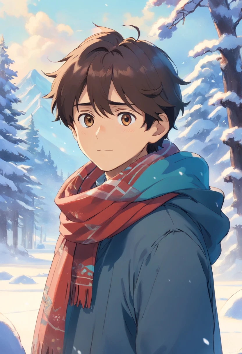 The handsome young man buried his face in a scarf,Stand on the snow,Rub your hands together,style of anime ,Full-length portrait of the vista