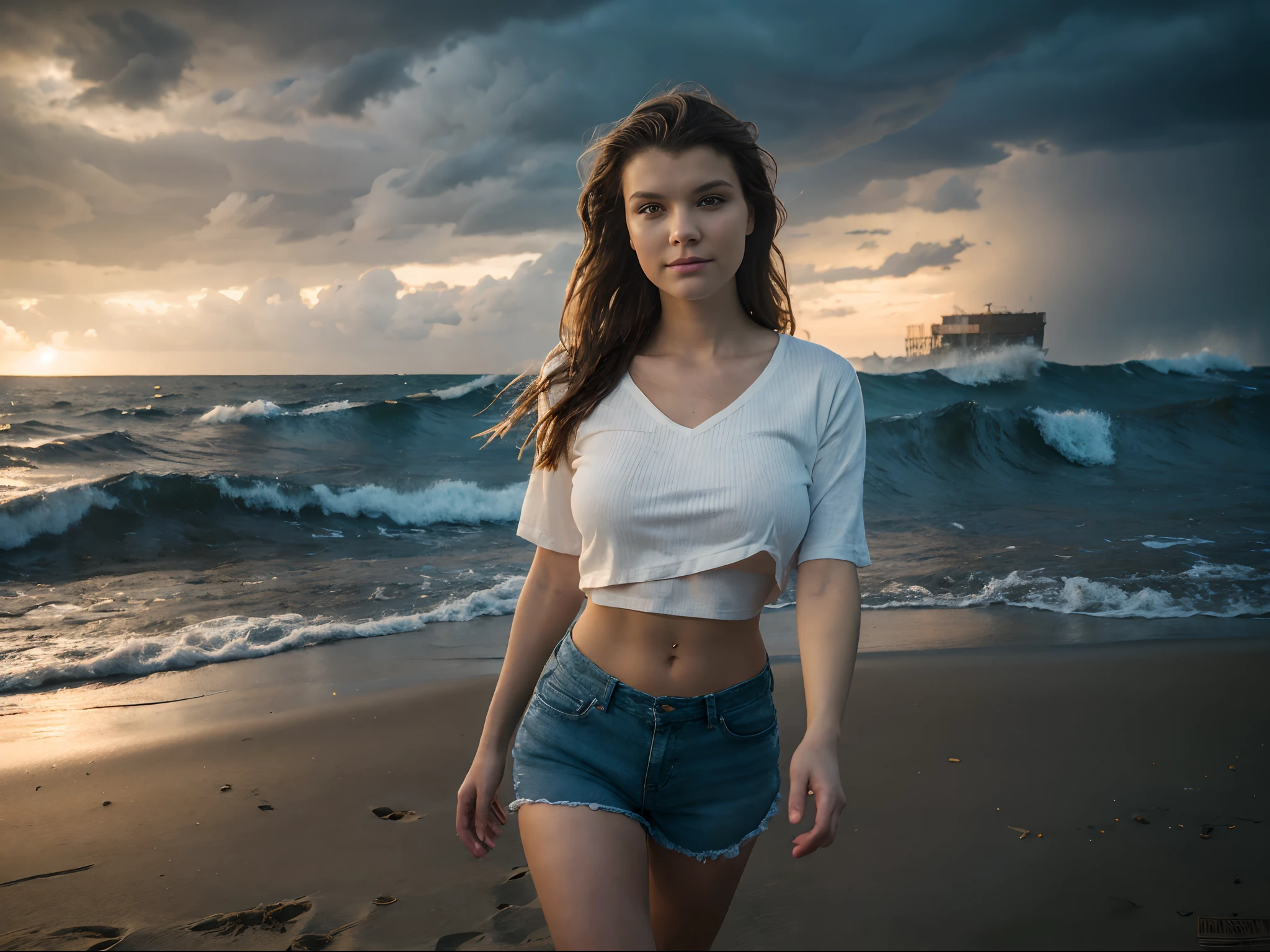 A slim, beautiful young russian woman, walking on a sandy beach, at water's edge, mysterious expression, hint of a smile, long hair, straight hair, ripped shorts, crop top, under boob shirt, large breasts, dark stormy sky, clouds, wind, palm trees blowing, rough surf, huge waves crashing on shore, 8 k [sensual lighting], night outdoors, under the stars, 4k extremely photorealistic, cgsociety uhd 4k highly detailed, trending on cgstation, night time