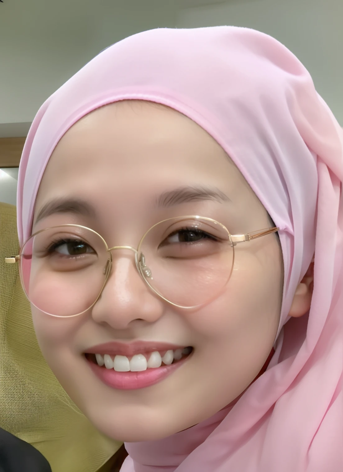 smiling woman wearing glasses and a pink hijab giving a peace sign, faridah malik, malaysian, inspired by Naza, spectacled, without glasses, wide forehead, clear cute face, asian face, with glasses, sie boob, friedly smile, inspired by Kim Jeong-hui, inspired by Ni Yuanlu, desaturated!!, sakimi chan, student