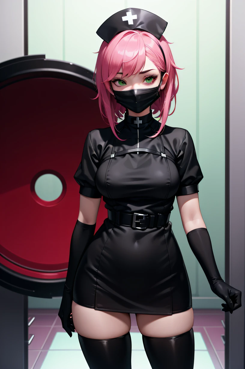 black nurse, 1girl, solo, black nurse cap, black wear, ((black legwear, zettai ryouiki)), black elbow gloves, pink hair, green eyes, drooping eyes, ((black surgical mask, covered nose)), standing, ((surgery room)), sharp outline, short sleeves, best quality, masterpiece