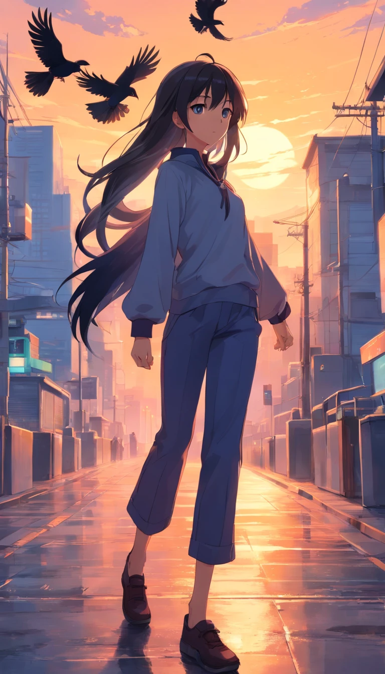 masterpiece, best quality, movie still, 1girl, monstergirl, crow woman, full body, portrait, detailed (eyes), long (hair), perfect body, proportional body, crow|raven wings, deep look, wearing (top and pants), close-up,  cold soft lighting, sunset, (aura:0.7)