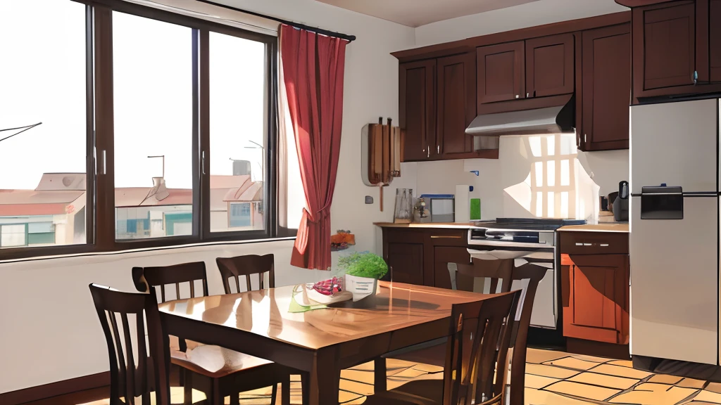 ((Masterpiece, hiquality, absurdress), (Masterpiece, Best Quality, hight resolution, Ultra-detailed), intricate detials, Modern stylish kitchen with large table, Light walls, Light ceiling, Light floor, , There are curtains on the window, There are a lot of candies on the table, Flower on the windowsill, Without people, NOhumans, Chocolate on the table, Chairs by the table, slab, microwave, refrigerator, Kitchen Appliances, kettle, A cup of tea on the table