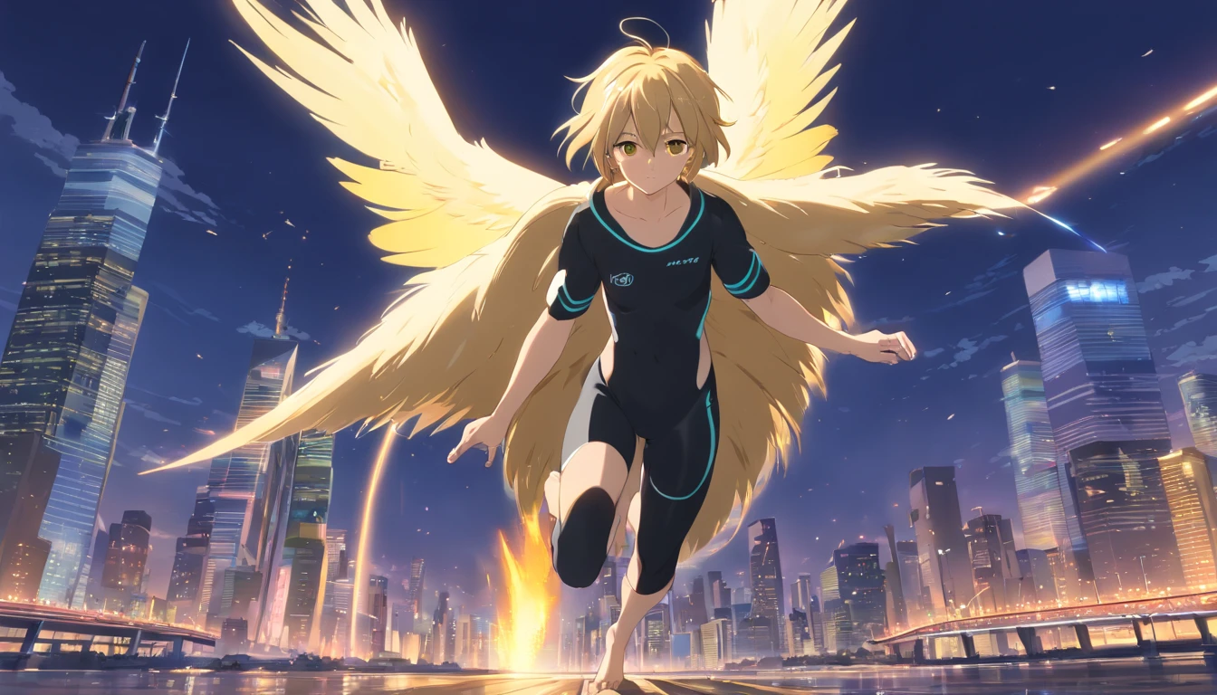 (best quality, highres, realistic:1.37), male, blonde hair, huge ass, black bodysuit, boy, short hair, yellow eyes, skunk、black background