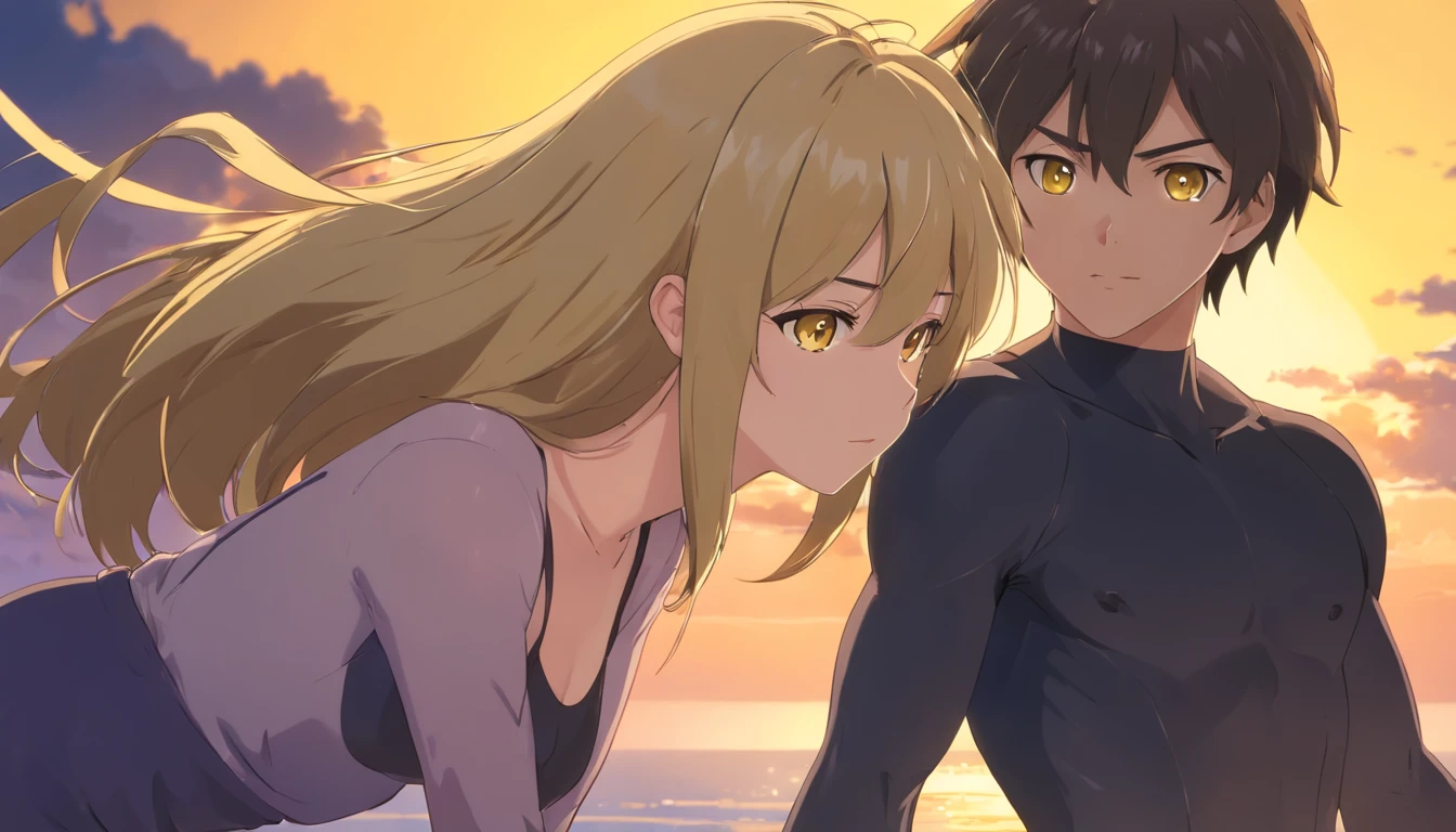 (best quality, highres, realistic:1.37), male, blonde hair, huge ass, black bodysuit, boy, short hair, yellow eyes, skunk、black background