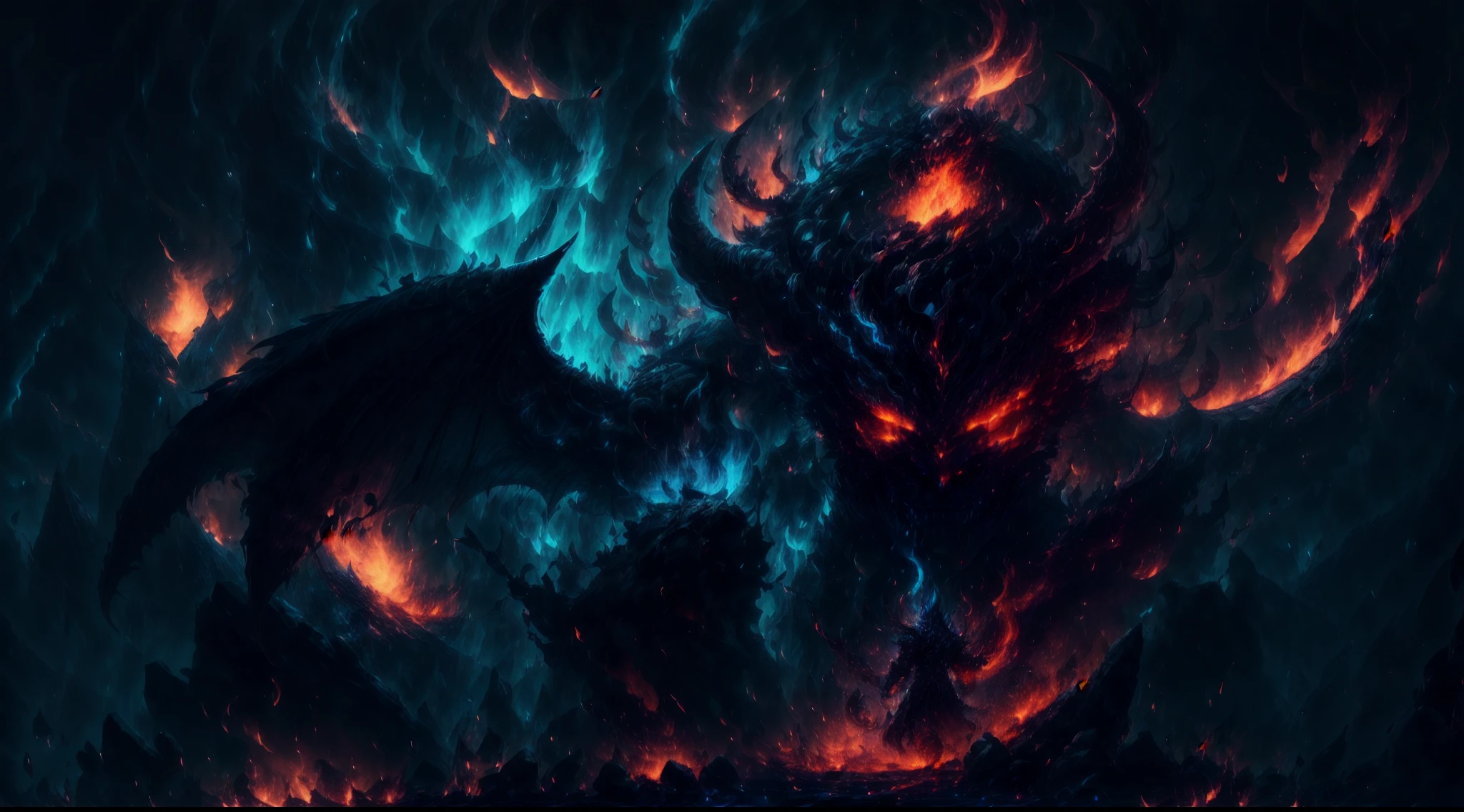 A humanoid devil, fierce face, fire demon, big burning demon wings, big horn, sharp thorn runs through body, full body, hellish demon, burning background, burning demon aura, devilish energy cracking, third eyes, glowing eyes, corrupted energy, fire spear, burning horn crown, demon tail, detailed devil wings, fire whip, close shot, drill hand, ,demonic energy crackling around the body,ominous burning background,hellish inferno as the backdrop,scorching flames,embers floating in the air,dark shadows dancing with fire,fiery landscape,flaming atmosphere,infernal glow,vibrant reds,orange hues,sharp contrast,ominous lightning,Detailed,Realistic,4k highly detailed digital art,octane render, bioluminescent, 8K resolution concept art, realism,by Mappa studios,masterpiece,best quality,official art,illustration,ligne claire,(cool_color),perfect composition,absurdres, fantasy,focused