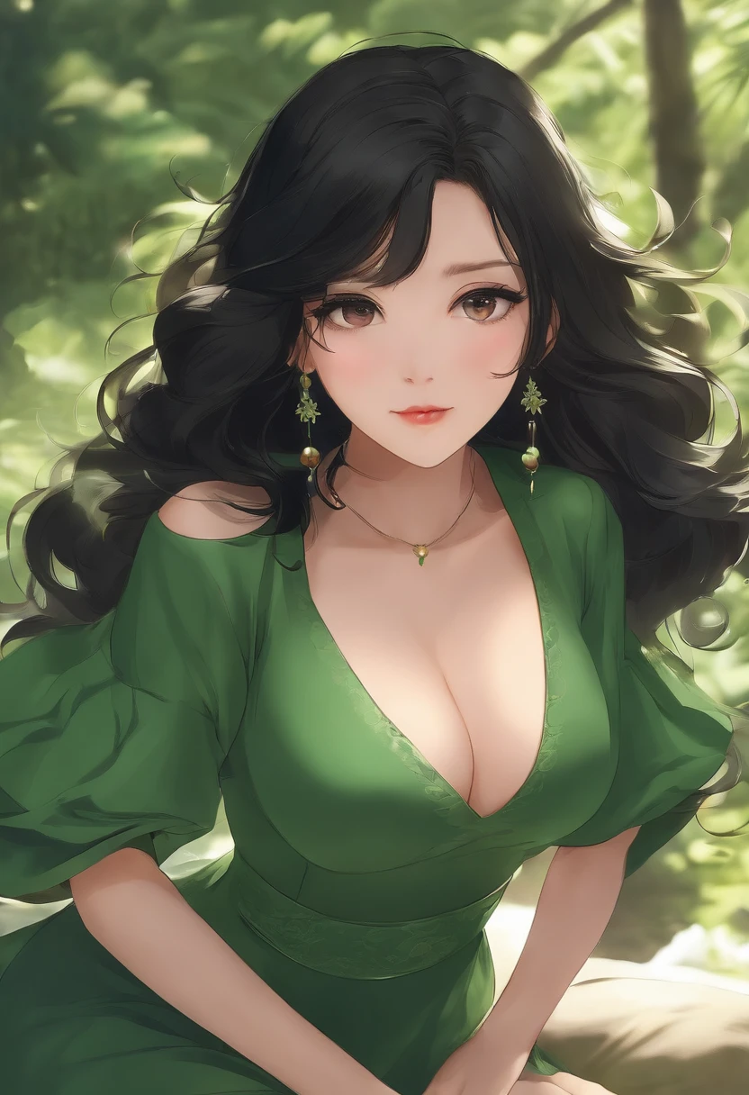 Green Mini Dress Chest Sleeve One Piece Big Breasts Ass Semi-Long Black Hair Hair Curl Japan Turning