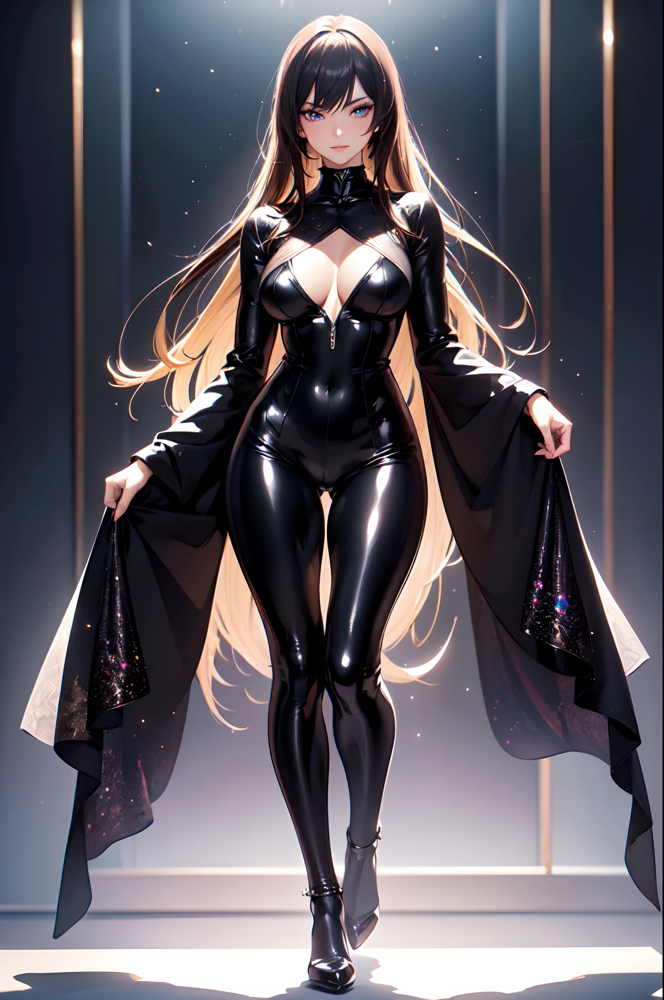(High quality,High resolution,Fine details,Realistic),(((Glossy Full Body Suits))),((suits hides the skin)),solo,Adult Woman,(Fine details eyes),sparkling eyes,smile,blush,Sweat,studio lighting,vibrant colors,sharp focus,dynamic pose,fashionable attire,luxurious background,glowing highlights,elegant composition,long flowing hair,fine fabric texture,impeccable stitching,subtle reflections,graceful movement,eye-catching accessories,captivating aura,immaculate makeup,dramatic shadows,attention to detail,fashion-forward,modern and chic,poised and confident stance,fierce and powerful