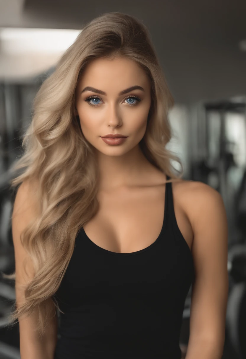 Woman in matching tank top and panties, Sexy girl with blue eyes, Portrait of Sophie Mudd, Portrait of Korina Cope, Blonde hair and big eyes, Selfie of a young woman, One's makeup, Natural makeup, Look directly into the camera, Faces with artgrams, Dezentes Makeup, Great full-body photos, in the room, large full breasts, a blond, Latina, gym