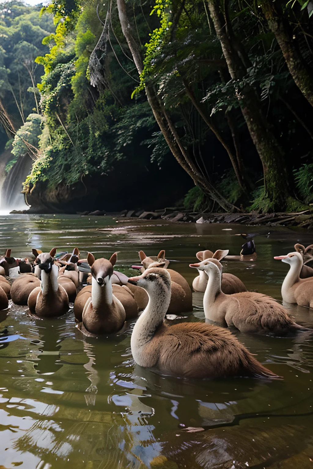 Crie para mim uma foto de animais boniots reunidos em meio de uma natureza bela do lado de um rio cristalino