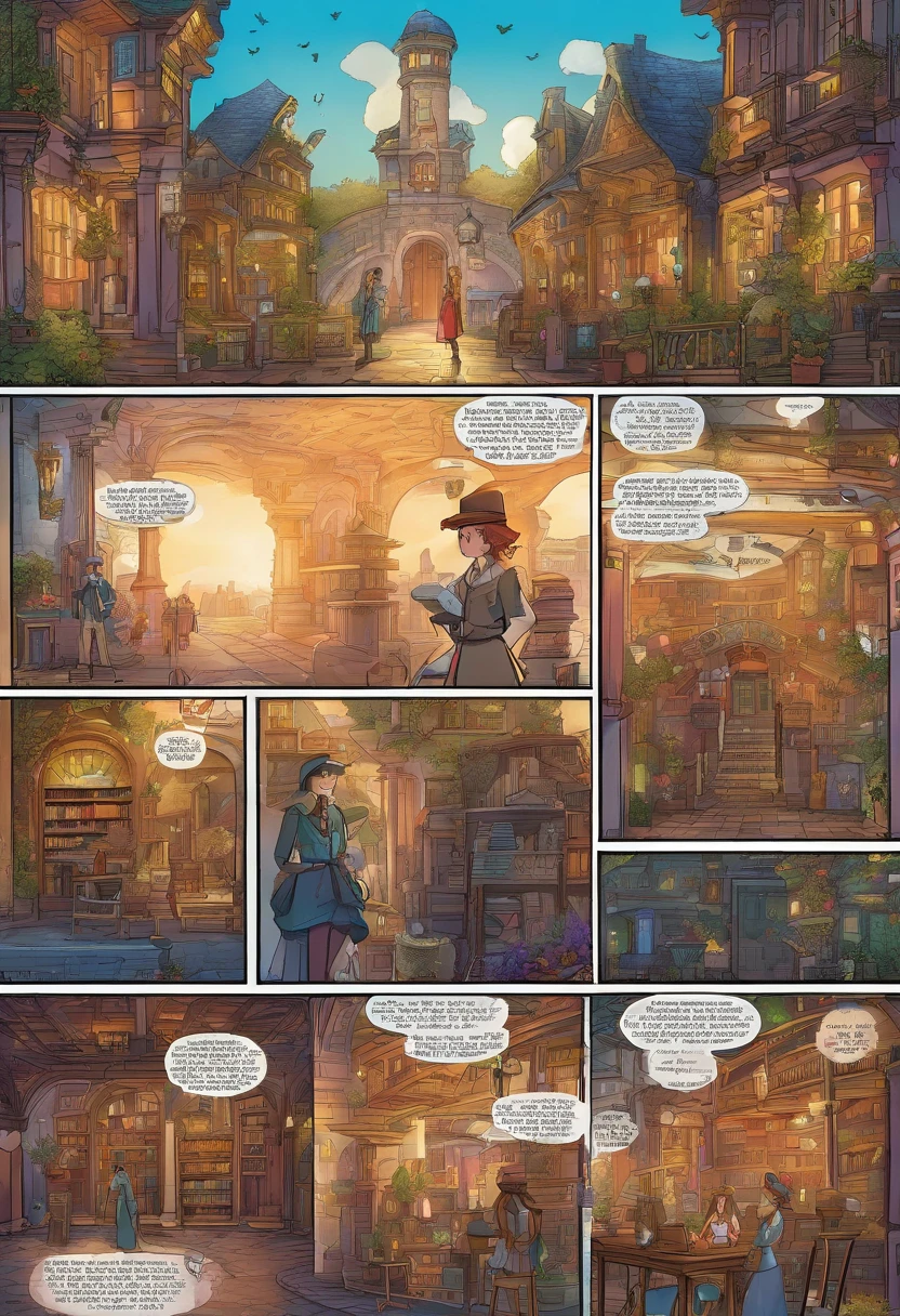 She encounters a mysterious gentleman with a black top hat and a silver cane. Page 3: As they converse under a lamppost, the night sky is illuminated by a full moon. Page 4: The girl's eyes sparkle with curiosity as they enter a hidden library filled with ancient books. Page 5: Surrounded by shelves of knowledge, she discovers a magical portal that transports her to a steampunk world. Page 6: Flying airships and mechanical creatures fill the sky as she embarks on a thrilling adventure. Page 7: With her newfound friends, she battles against a formidable villain in a grand clock tower. Page 8: Using her extraordinary powers, she saves the city from impending disaster. Page 9: Returning to the library, she bids farewell to her companions, her heart filled with bittersweet memories. Page 10: As she exits the library, a rainbow emerges, symbolizing her journey's end and a new chapter awaiting her. (best quality,ultra-detailed,fantasy,steampunk,adventure,vibrant colors,enchanted atmosphere,whimsical lighting)