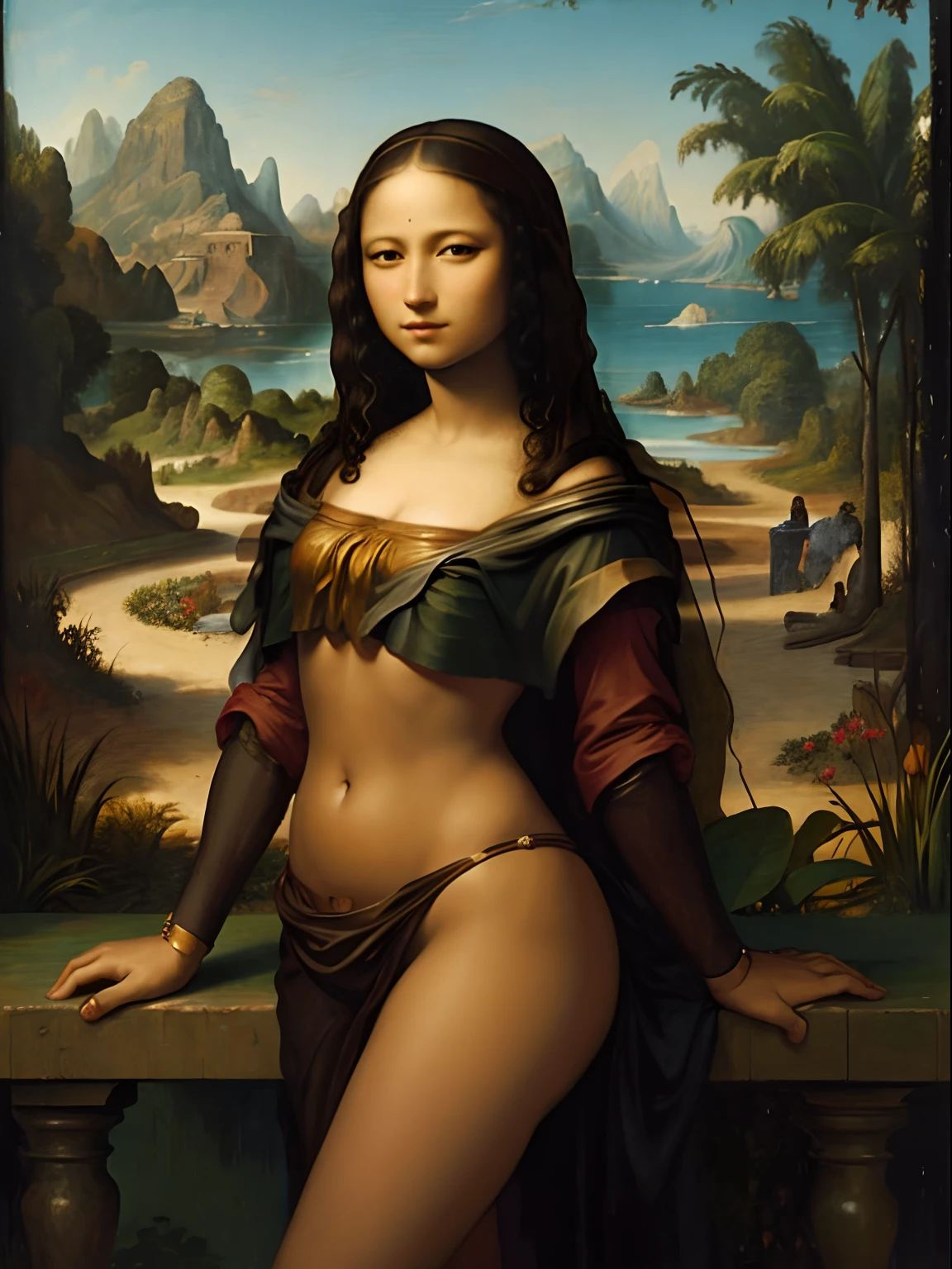 An oil paint of a naked black woman in the same position of Mona Lisa, modern garden in the background