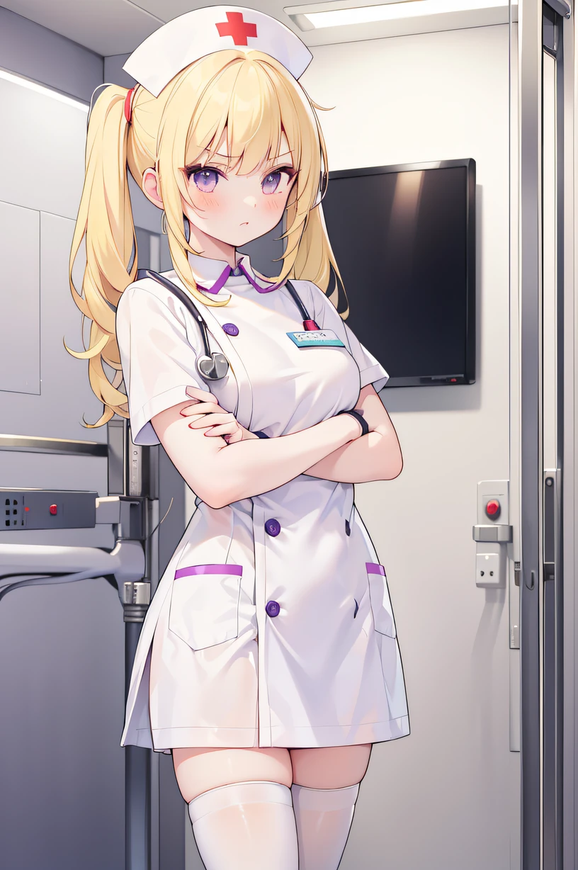 1girl, solo, nurse, nurse cap, white wear, ((white legwear, zettai ryouiki)), white gloves, twintails, yellow hair, purple eyes, angry, crossed arms, standing, ((hospital room)), sharp outline, short sleeves, best quality, masterpiece