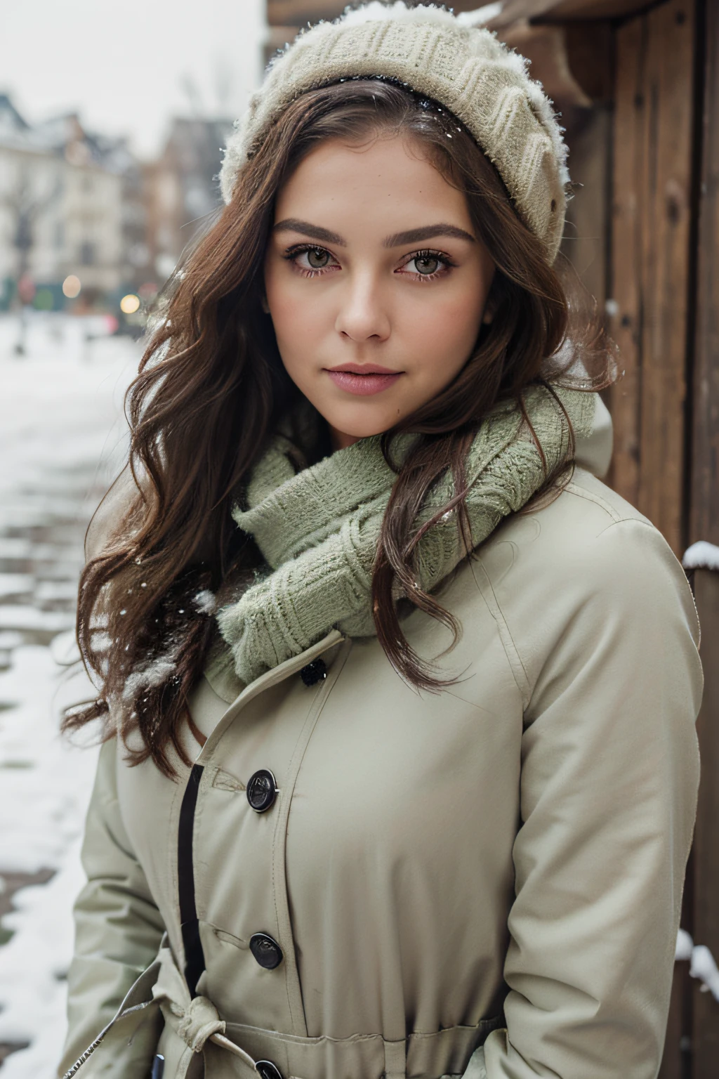 Brunette woman with long wavy eyes in light green almonds, bouche charnue, taches de rousseur, Realistic Photography, Big natural well dressed winter, trait de liner, Snowy background, Whole, mince, jean, manteau hiver, echarpe beige
