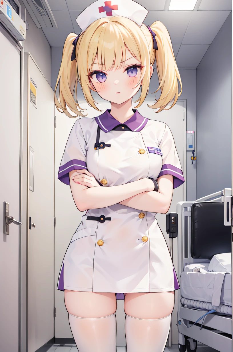 1girl, solo, nurse, nurse cap, white wear, ((white legwear, zettai ryouiki)), white gloves, twintails, yellow hair, purple eyes, angry, crossed arms, standing, ((hospital room)), sharp outline, short sleeves, best quality, masterpiece