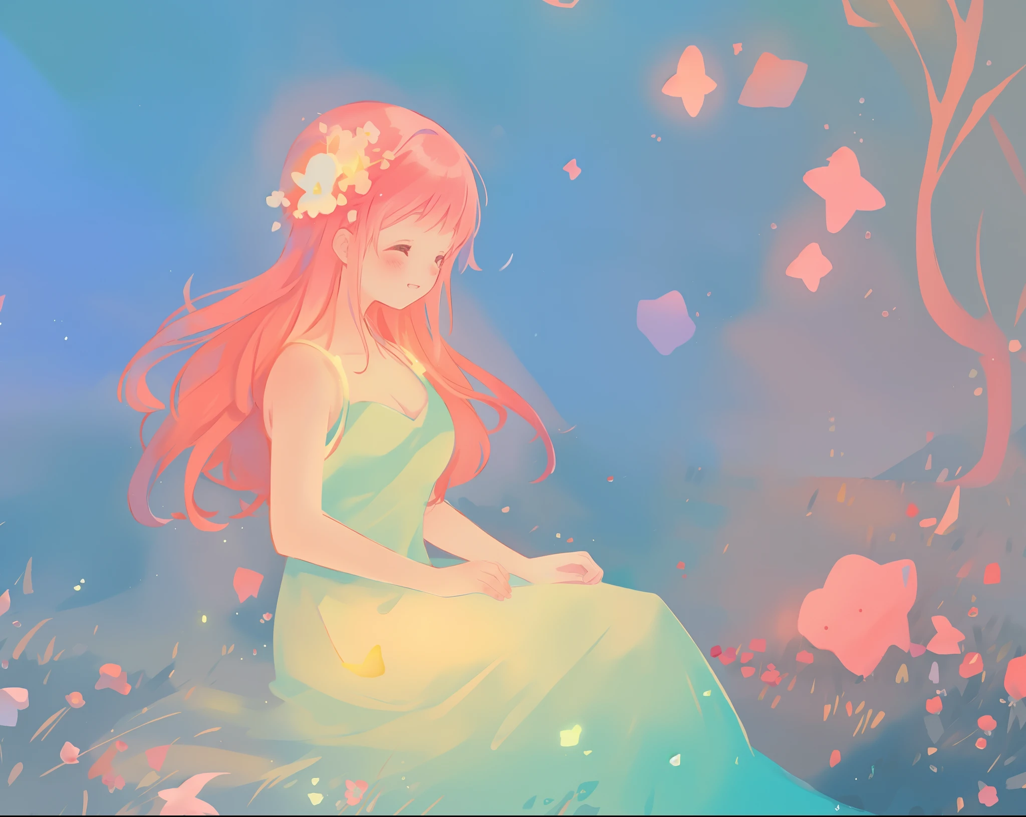 beautiful girl in white dress, fairy dress, beautiful girl sitting in a field with pink red flowers, glowing lights, whimsical landscape, long pink flowing hair, watercolor illustration, inspired by Glen Keane, inspired by Lois van Baarle, disney art style, by Lois van Baarle, glowing aura around her, by Glen Keane, jen bartel, glowing lights! digital painting, flowing glowing hair, glowing flowing hair, beautiful digital illustration, fantasia otherworldly landscape plants flowers, beautiful, masterpiece, best quality, anime disney style