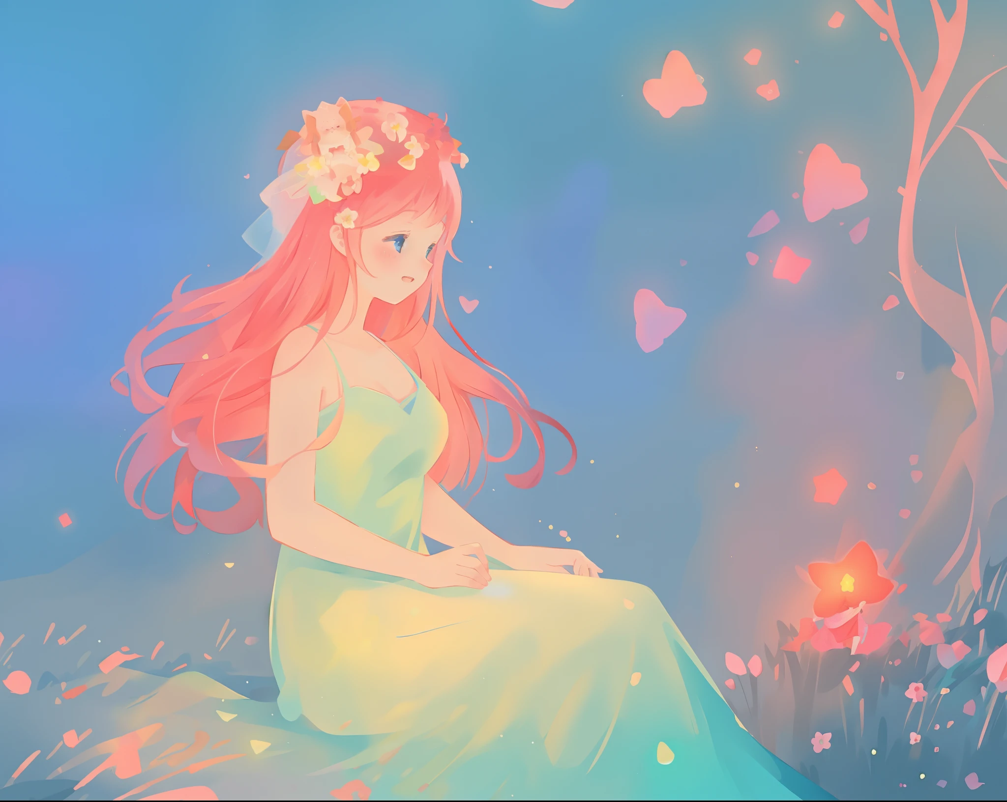 beautiful girl in white dress, fairy dress, beautiful girl sitting in a field with pink red flowers, glowing lights, whimsical landscape, long pink flowing hair, watercolor illustration, inspired by Glen Keane, inspired by Lois van Baarle, disney art style, by Lois van Baarle, glowing aura around her, by Glen Keane, jen bartel, glowing lights! digital painting, flowing glowing hair, glowing flowing hair, beautiful digital illustration, fantasia otherworldly landscape plants flowers, beautiful, masterpiece, best quality, anime disney style