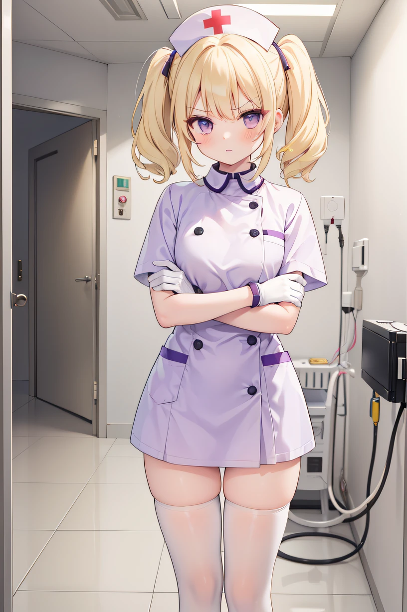 1girl, solo, nurse, nurse cap, white wear, ((white legwear, zettai ryouiki)), white gloves, twintails, yellow hair, purple eyes, angry, crossed arms, standing, ((hospital room)), sharp outline, short sleeves, best quality, masterpiece