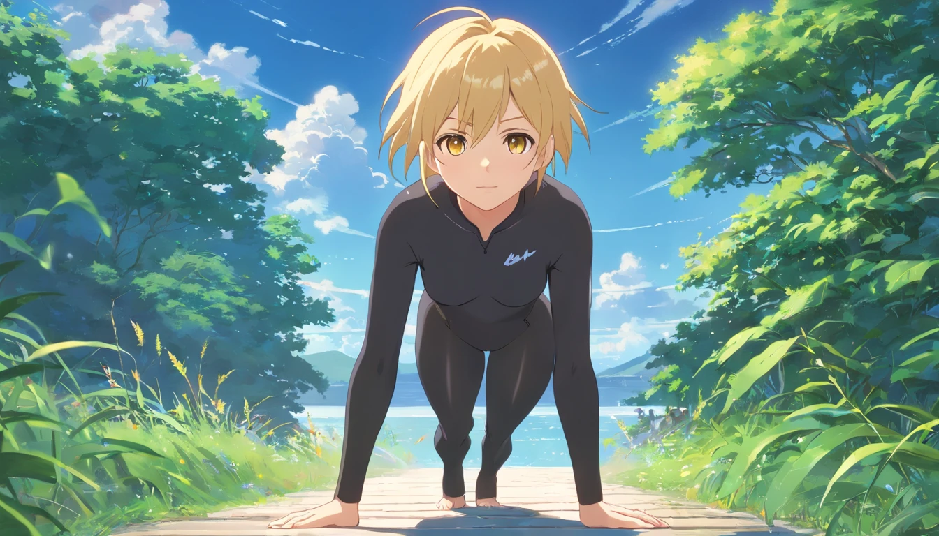 (best quality, highres, realistic:1.37), male, blonde hair, huge ass, black bodysuit, boy, short hair, yellow eyes, skunk tail