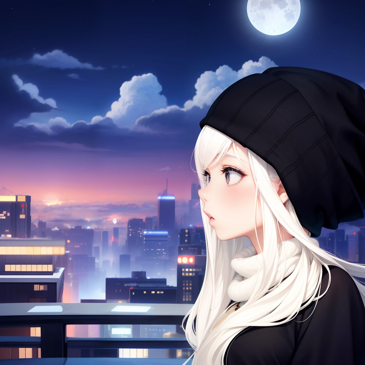 realistic, 1girl, white hair, black eyes, crop top, skirt, parted lips, blush, night, black beanie, moon, clouds, city